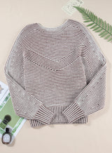 Light French Beige Striped Print Ribbed Knit Raglan Sleeve Baggy Sweater