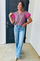 Sachet Pink Frill V-Neck Abstract Floral Print Puff Sleeve Top