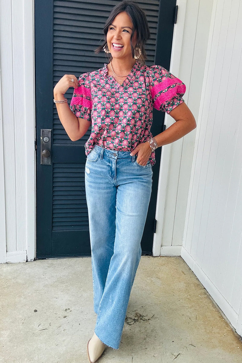 Sachet Pink Frill V-Neck Abstract Floral Print Puff Sleeve Top