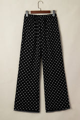Black Polka Dot Print Elastic Waist Lace Hem Loose Pants