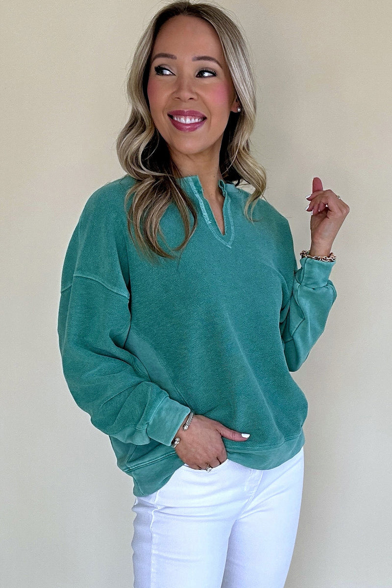 Bright Pink Notched Neck Exposed Seam Drop Shoulder Sweatshirt