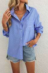 Green Stripe Button Up Oversized Casual Shirt