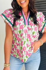 Red Floral Print Contrast Trim V Neck Double Ruffled Short Sleeve Blouse