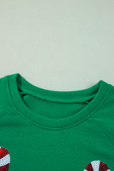 Green Christmas Candy Cane Graphic Sequins Patch Pullover Sweatshirt