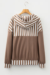Straw Yellow Waffle Texture Striped Patchwork Drawstring Henley Hooded Top