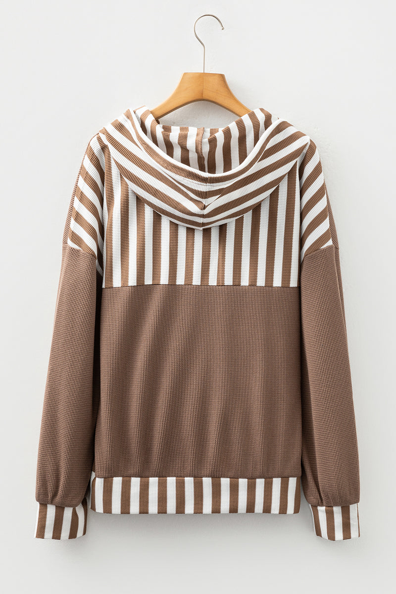 Straw Yellow Waffle Texture Striped Patchwork Drawstring Henley Hooded Top