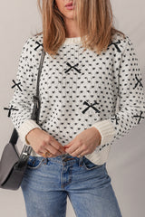 Beige Bow Decor Color Contrast Ribbed Edge Crew Neck Sweater