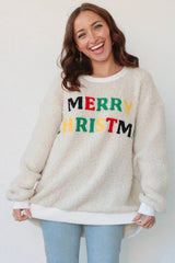 White MERRY CHRISTMAS Cozy Sherpa Pullover Sweatshirt