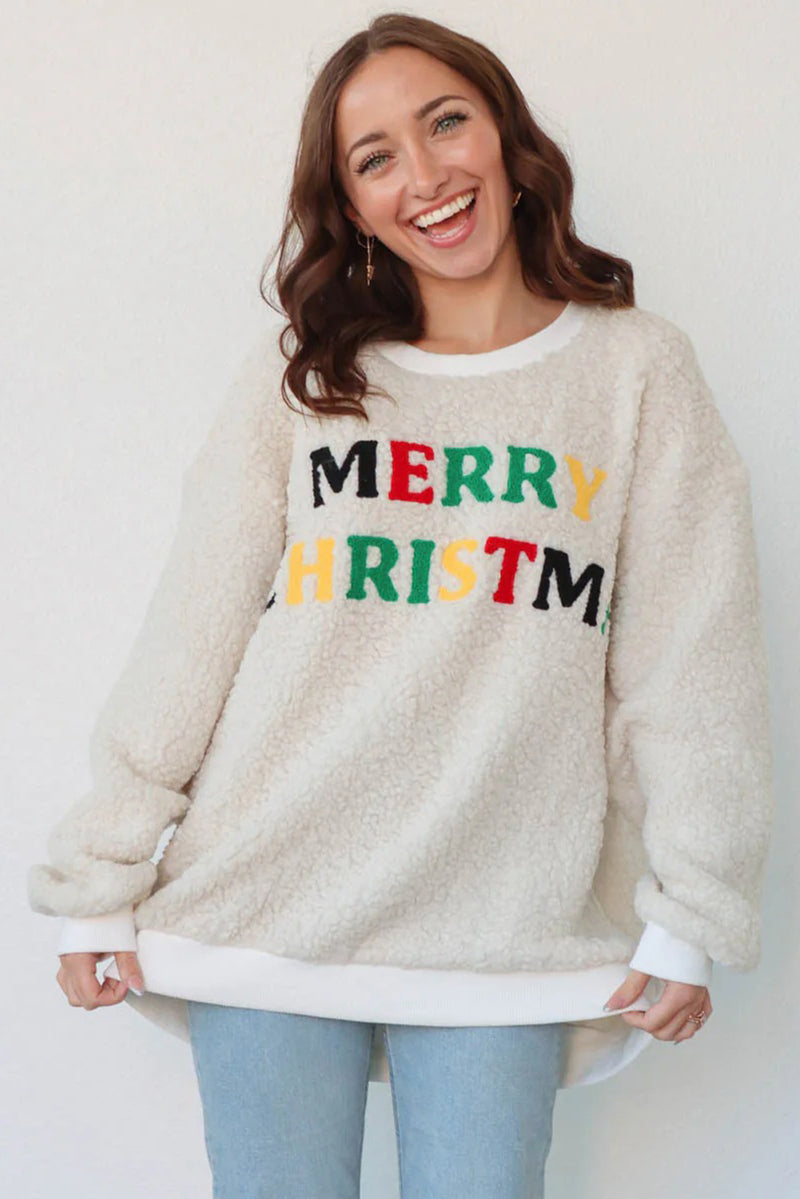 White MERRY CHRISTMAS Cozy Sherpa Pullover Sweatshirt