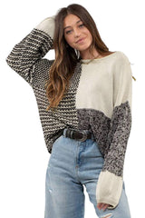 Pink Patchwork Tie Back Drop Shoulder Knit Sweater