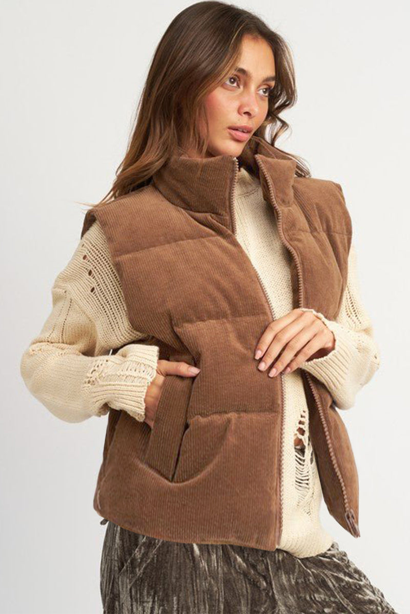 Beige Corduroy Stand Neck Zipped Puffer Vest