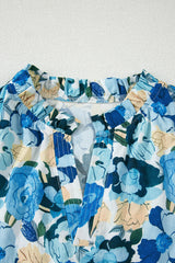 Sky Blue Floral Print Short Puff Sleeve V Neck Blouse