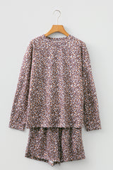 Khaki Leopard Ribbed Long Sleeve Top Drawstring Shorts 2pcs Outfit