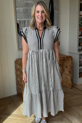Black Stripe Double Ruffled Short Sleeve Contrast Trim V Neck Midi Dress