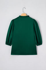 Fiery Red Solid Color Frilled V Neck Bow Detail 3/4 Sleeve Blouse