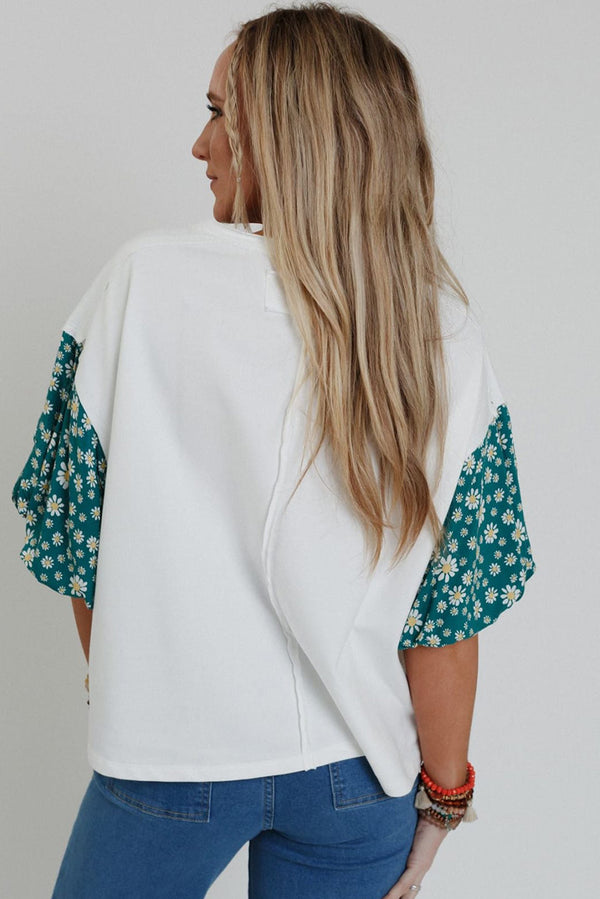 White Daisy Floral Patchwork Drop Sleeve Oversized Top