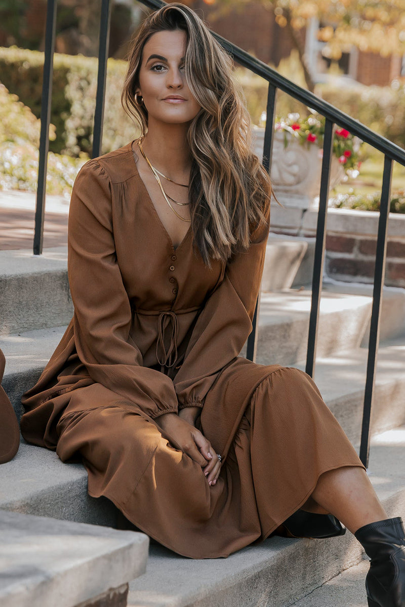Chestnut Solid Long Sleeve Button V Neck Tiered Maxi Dress