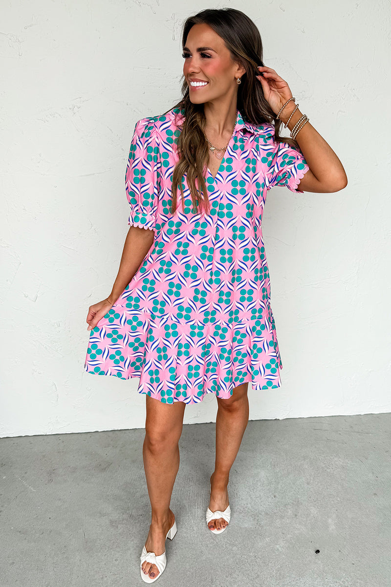 Pink Geometric Print V-Neck Ricrac Trim Mini Dress