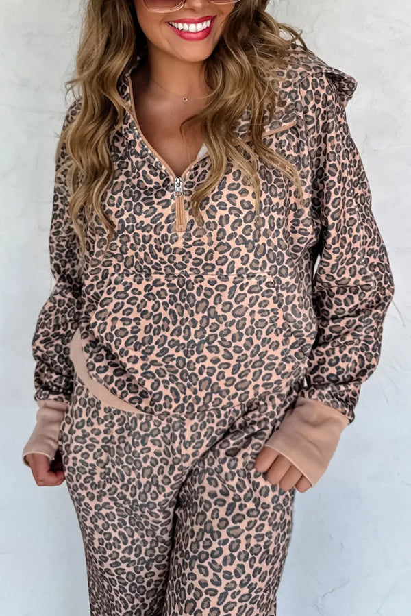 Goat Leopard Print Hooded Long Sleeve Pullover Pants Set
