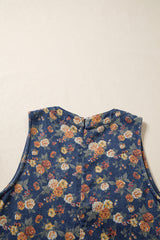 Blue Retro Floral Print Bow Tie V Neck Sleeveless Pleated Loose Denim Romper