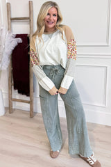 Light Grey Mixed Print Raglan Sleeve Patchwork Exposed Seam Pullover Top