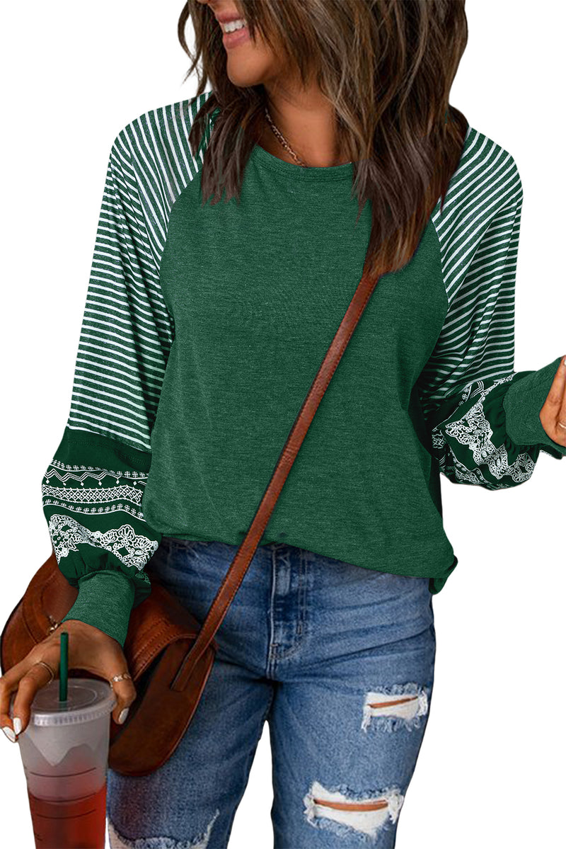 Tillandsia Purple Contrast Print Striped Raglan Long Sleeve Loose Top