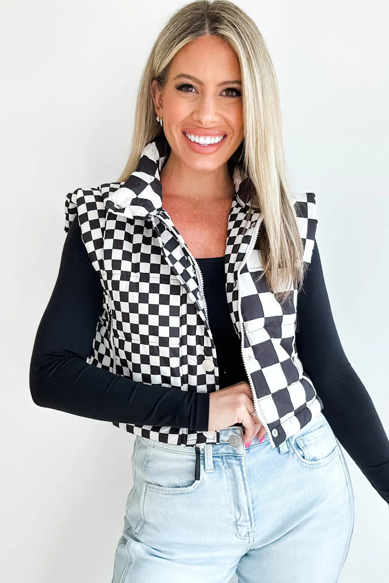 Brown Checkered Stand Collar Cropped Puffer Vest