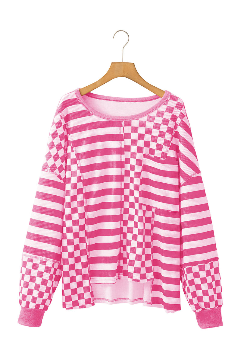 Khaki Checkered Striped Patchwork Lantern Sleeve Top