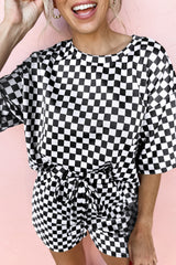 Black Checkered Top and Drawstring Shorts Pajama Set