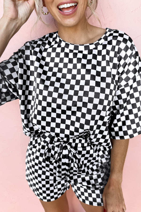 Black Checkered Top and Drawstring Shorts Pajama Set