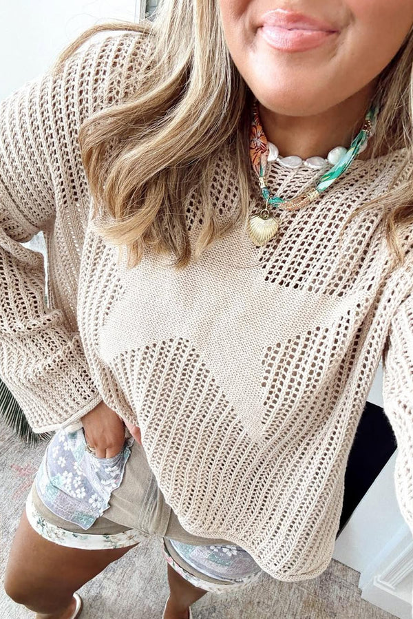Parchment Hollow Out Knit Star Pattern Plus Size Sweater