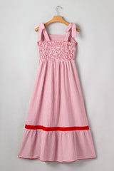 Red Stripe Bow Knot Straps Contrast Trim High Waist Ruffle Hem Maxi Dress