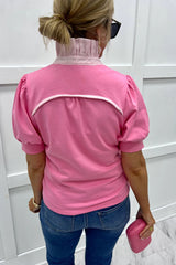 Sky Blue Striped Frilled Collar Short Sleeve Top