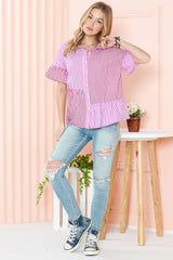 Pink Striped Patchwork Ruffle Button Up Shirt