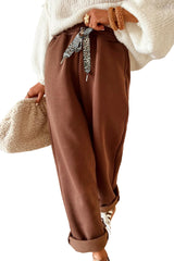 Coffee Leopard Drawstring Winter Fleece Pants
