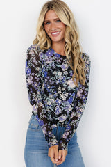 Green Floral Print Mesh Long Sleeve Top