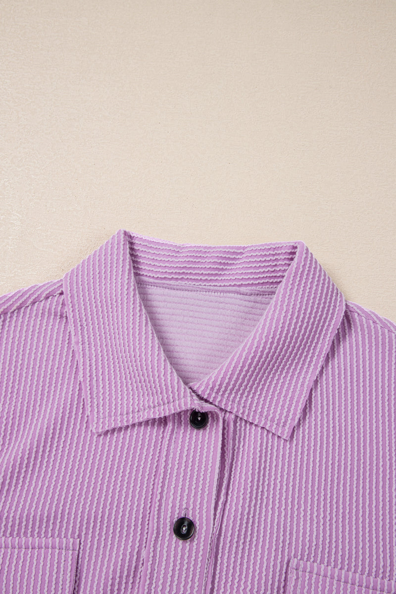 Orchid Bouquet Corded Flap Pocket Collared Buttoned Blouse