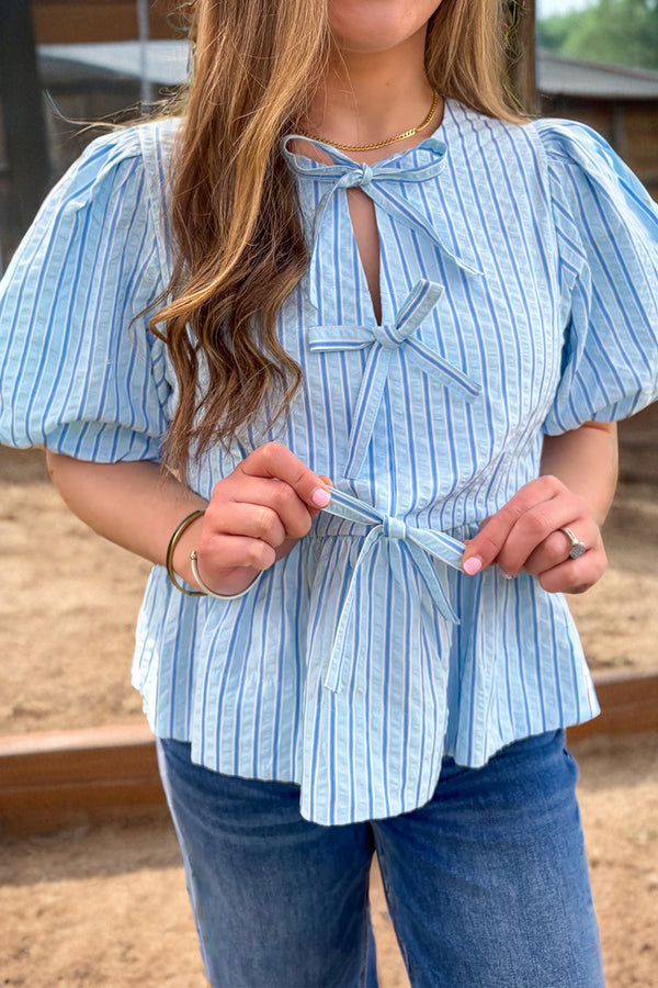 Sky Blue Stripe Bow Knot Textured Short Puff Sleeve Babydoll Blouse