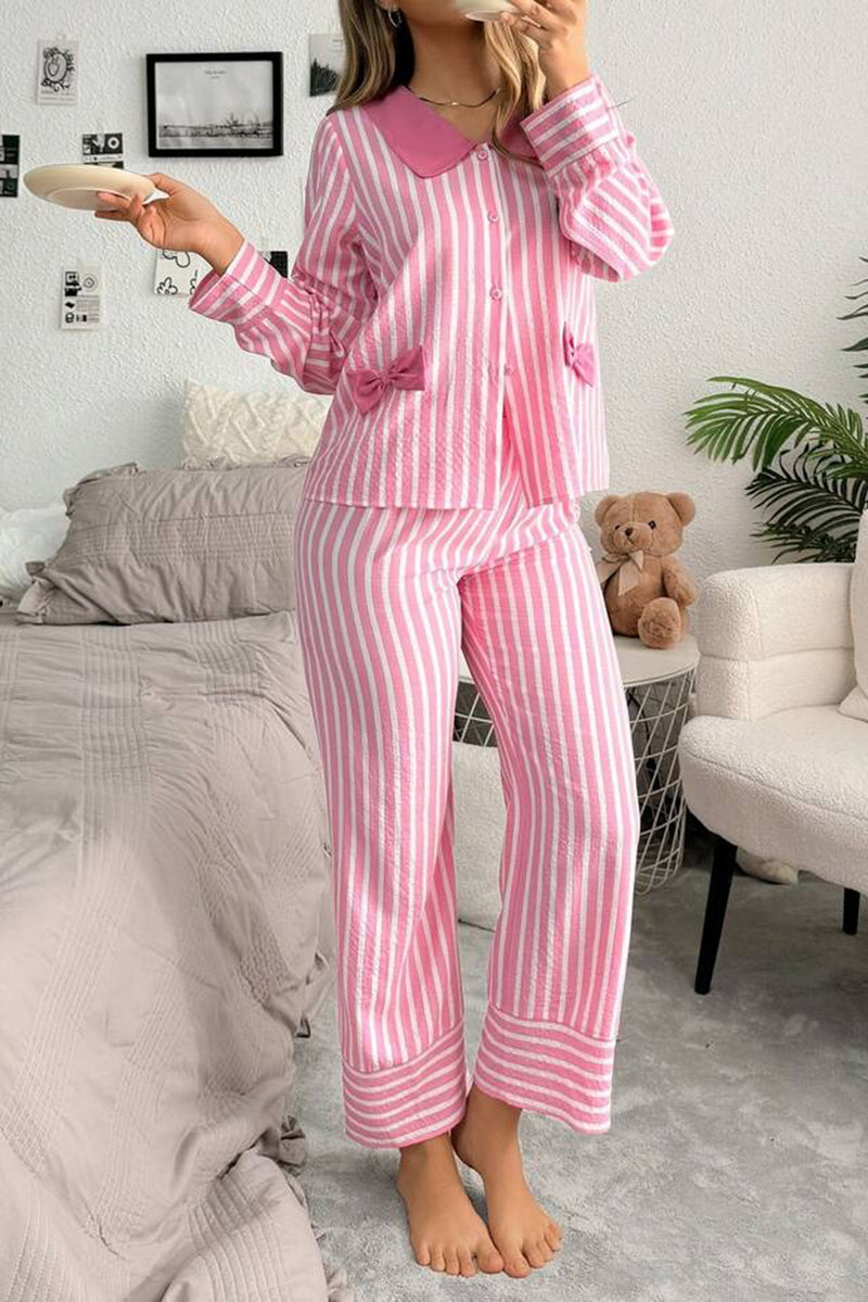 Pink Striped Sweet Bow Decor Peter Pan Collar Pullover Pants Pajama Set