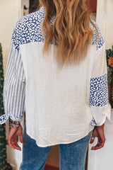 Sky Blue Leopard Striped Patchwork Button-up Shirt