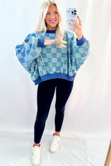 Sky Blue Checkerboard Splicing Raw Detail Oversized Denim Pullover