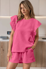 Black Textured Ruffle Sleeve Tee and Drawstring Shorts Set