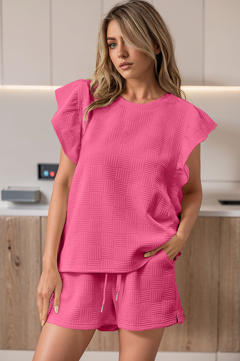 Black Textured Ruffle Sleeve Tee and Drawstring Shorts Set