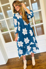 Blue Floral Print Shirt Collar V Neck 3/4 Sleeve Shift Midi Dress