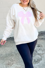Beige Big Bow Pattern Plus Size Drop Shoulder Sweatshirt