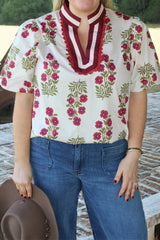 Black Plus Size Floral Print Ricrac Striped Trim Short Sleeve Cotton Blouse