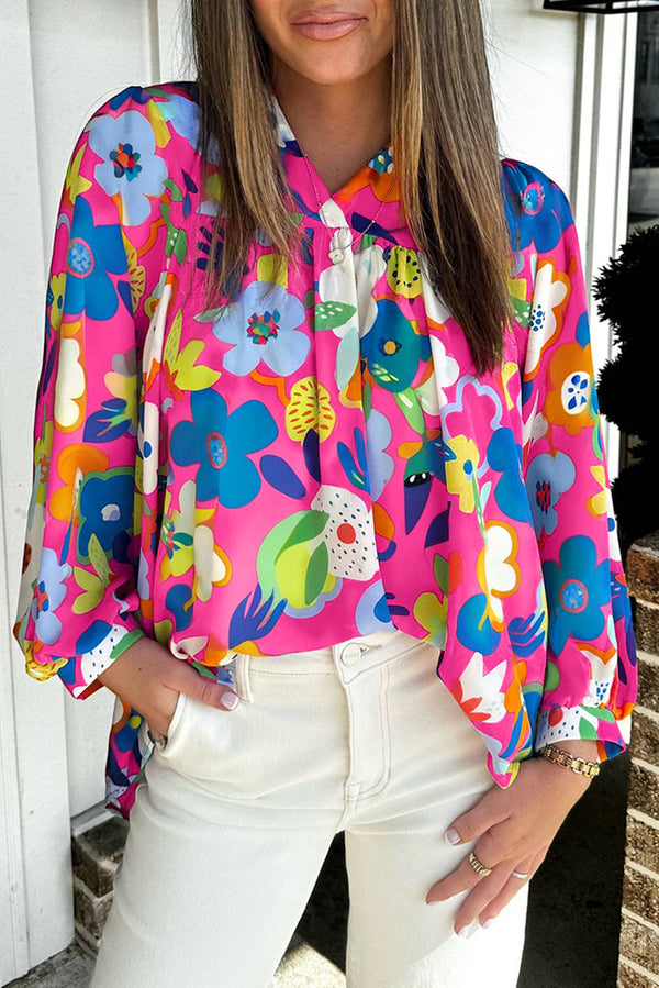 Rose Flower Print Bomb V Neck Blouse