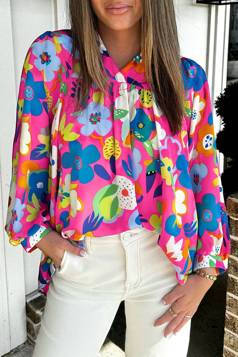 Rose Flower Print Bomb V Neck Blouse
