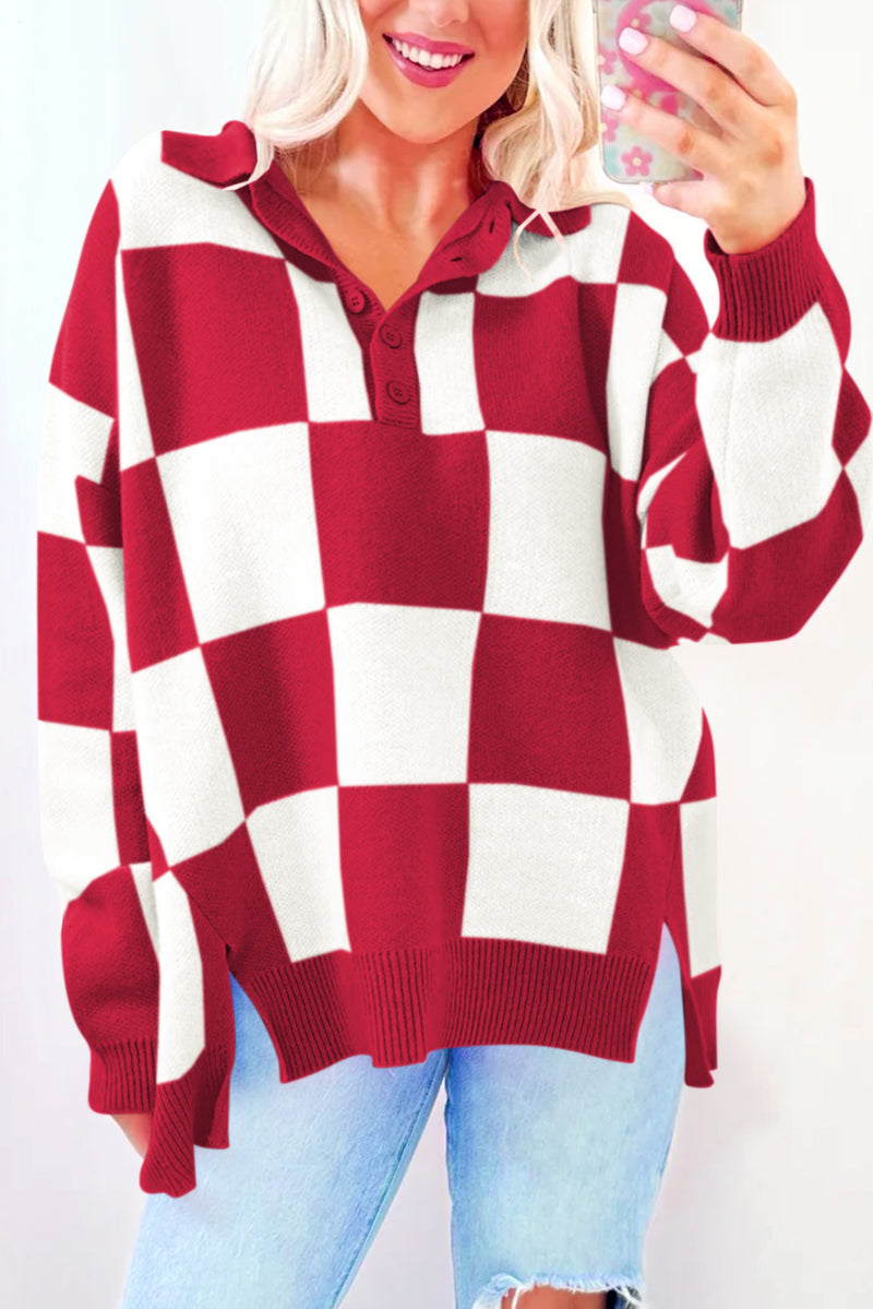 Sky Blue Checkered Button Collared Sweater
