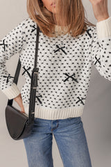 Beige Bow Decor Color Contrast Ribbed Edge Crew Neck Sweater